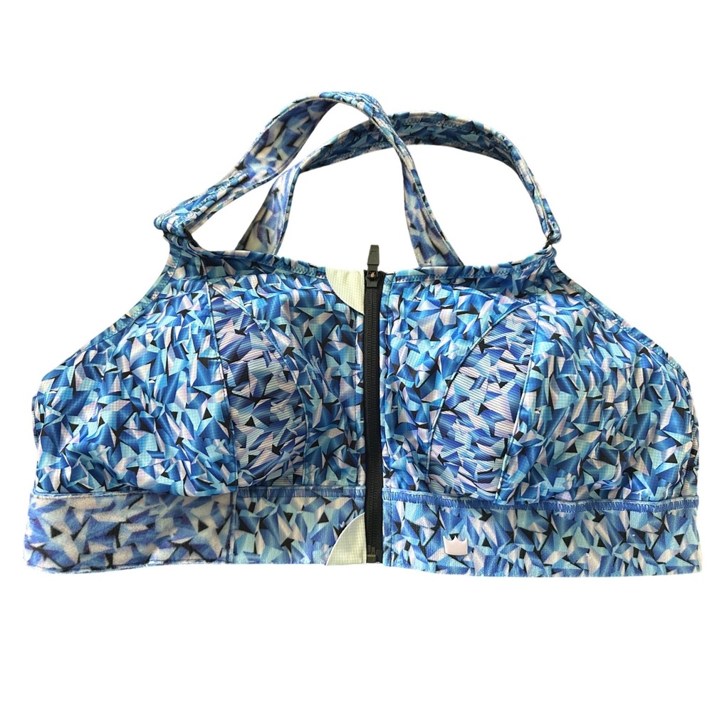 Shefit Ultimate Sports Bra Blue Geometric Prism Front Zip High Impact 3Luxe
